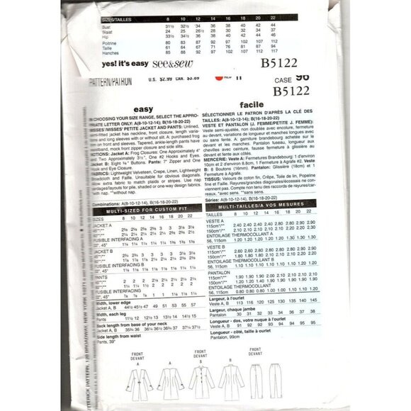 Butterick B5122 Misses or Petite 16 to 22 Jacket and Pants Uncut Sewing Pattern - Picture 2 of 2